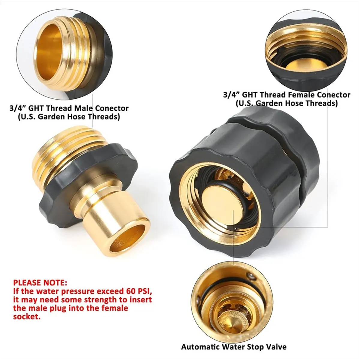 SEO Garden Hose Quick Connect Fittings with Water Stop, Metal Hose Quick-Connect Fittings, 3/4 Inch GHT Quick Connector Set
SEO Garden Hose Quick Connect Fittings with Water Stop, Metal Hose Quick-Connect Fittings, 3/4 Inch GHT Quick Connector Set