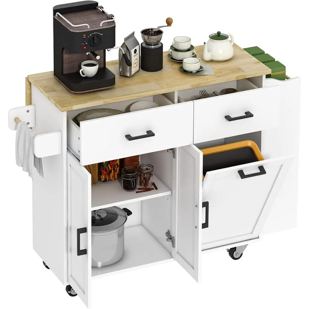 Kitchen Island Cart with Trash Bin, 2 Drawers, Drop Leaf, 3-Tier Spice Rack, Storage Options
Kitchen Island Cart with Trash Bin, 2 Drawers, Drop Leaf, 3-Tier Spice Rack, Storage Options