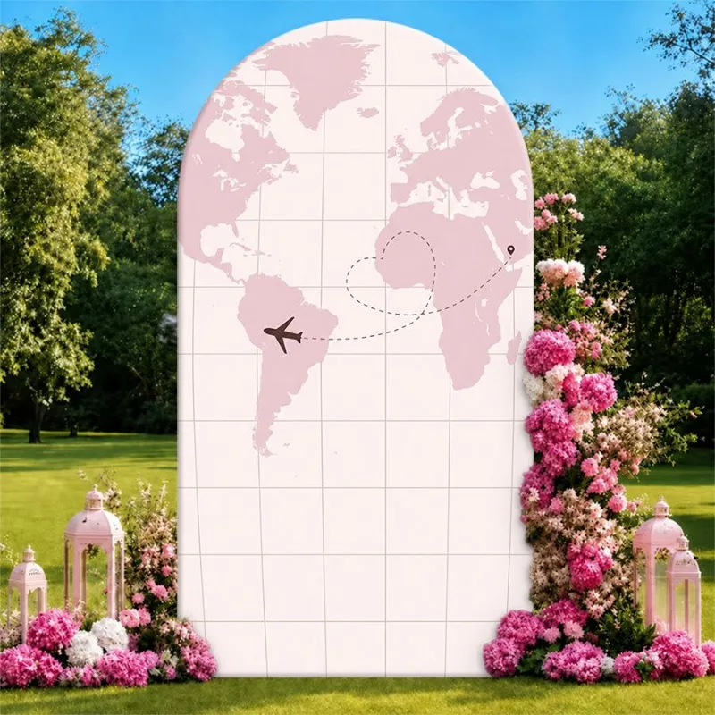 Single Side Arch Backdrop Cover Elegant World Map Themed Backdrop for Events Featuring Soft Pink Continents and Airplane Route
Single Side Arch Backdrop Cover Elegant World Map Themed Backdrop for Events Featuring Soft Pink Continents and Airplane Route