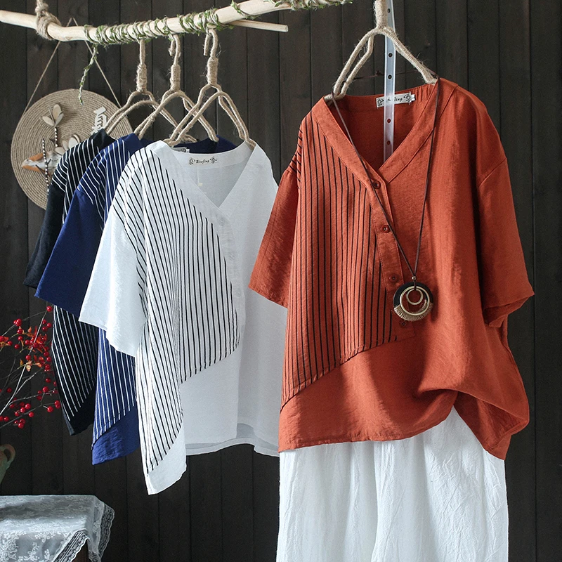 Повседневная хлопково-льняная футболка большого размера, женский легкий лоскутный топ на пуговицах с v-образным вырезом в полоску, летний свободный крой ort Sve
Повседневная хлопково-льняная футболка большого размера, женский легкий лоскутный топ на пуговицах с v-образным вырезом в полоску, летний свободный крой ort Sve