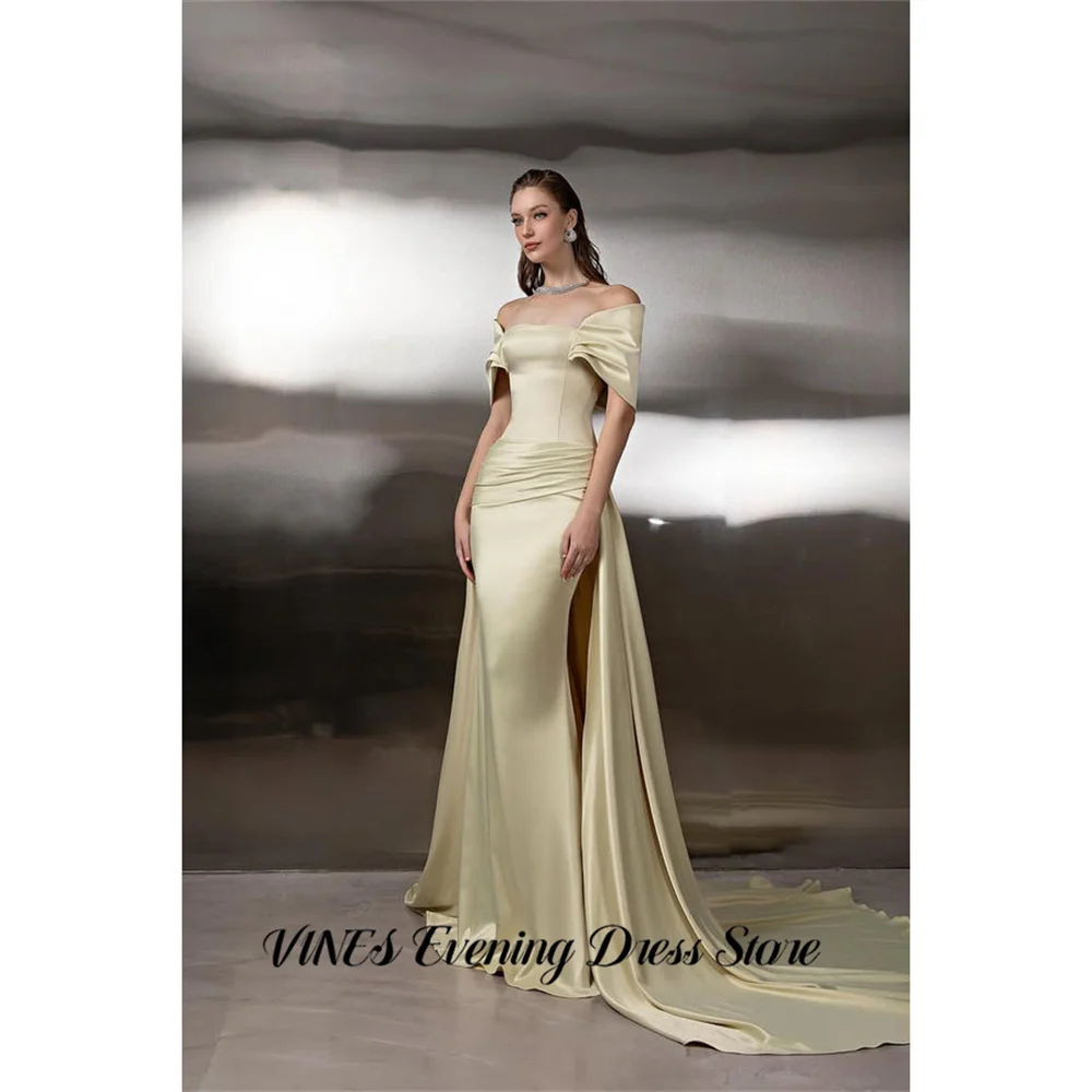 VINES Champagne Satin Evening Dress Off the Shoulder Party Dresses Mermaid Ruched Prom Gown with Train robes du soir Customized
VINES Champagne Satin Evening Dress Off the Shoulder Party Dresses Mermaid Ruched Prom Gown with Train robes du soir Customized
