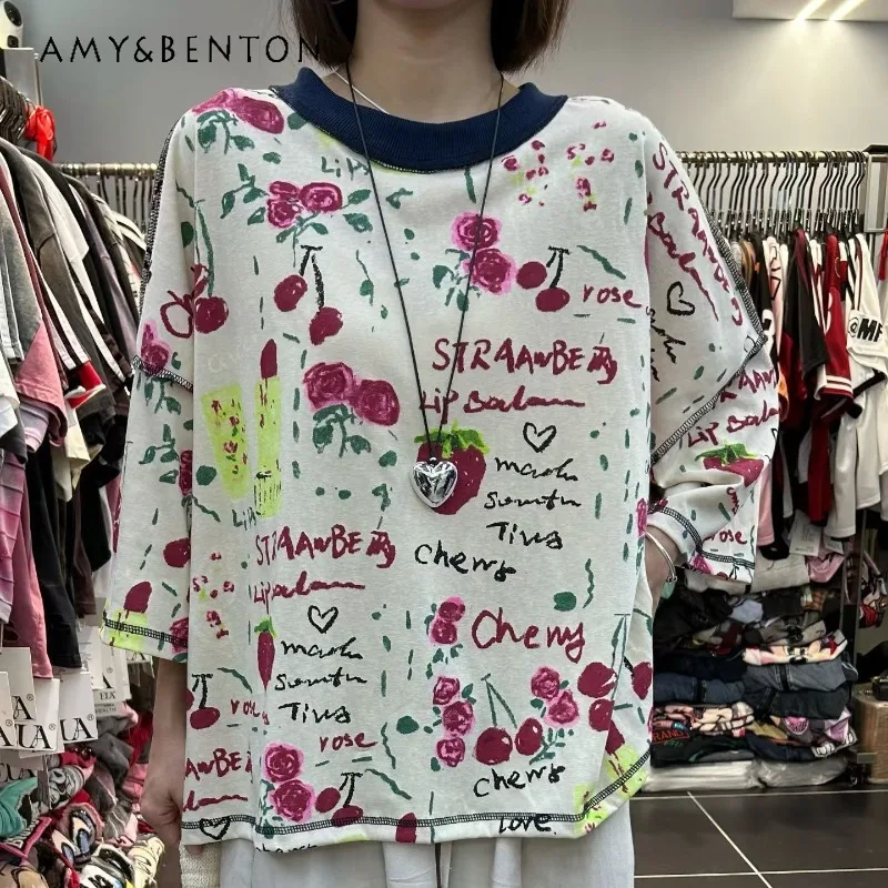Summer New Fruit Print Fashion Design Short-sleeved T-shirt Y2k Clothes Women's Short Sleeves Slimming Sweet Top Trend Tshirts
Summer New Fruit Print Fashion Design Short-sleeved T-shirt Y2k Clothes Women's Short Sleeves Slimming Sweet Top Trend Tshirts