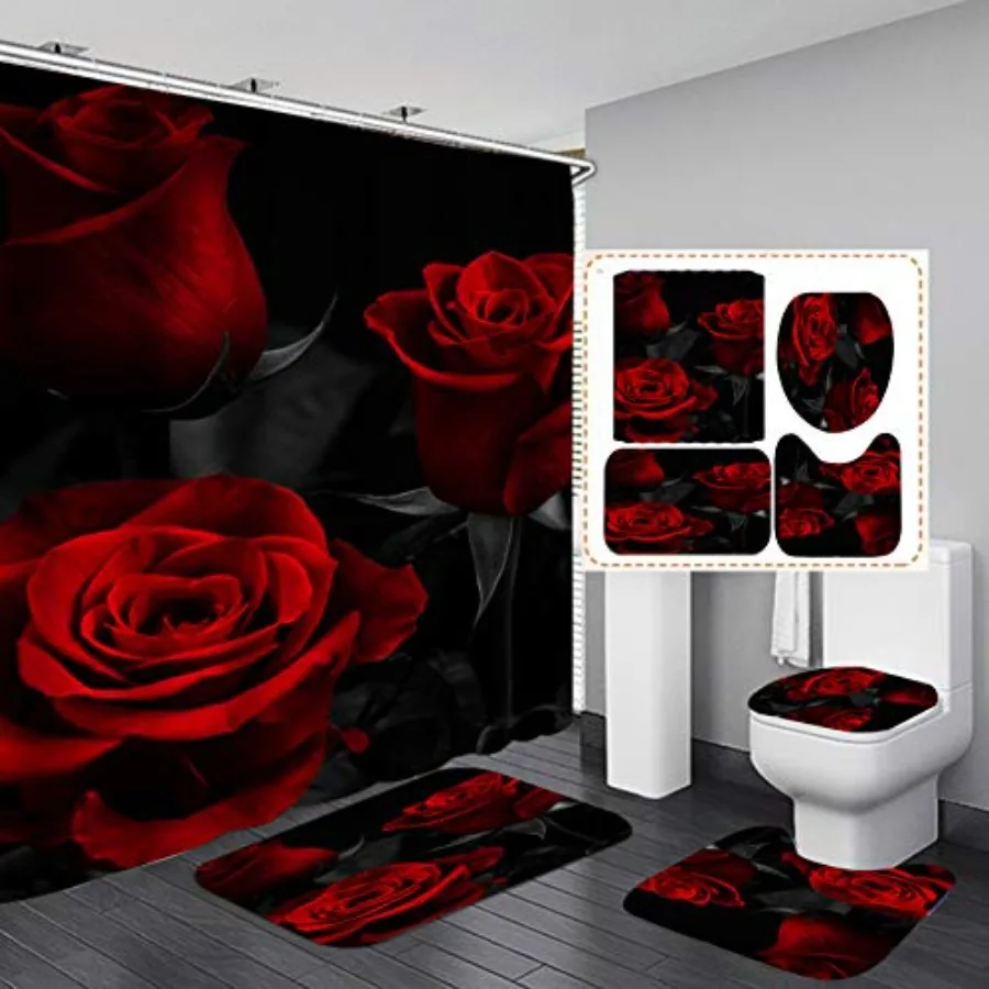 4 Pcs Rose Shower Curtain Set Flower Romantic Rose Curtain with Non-Slip Rug Toilet Lid Cover U Shape Mat Waterproof Shower Cur
4 Pcs Rose Shower Curtain Set Flower Romantic Rose Curtain with Non-Slip Rug Toilet Lid Cover U Shape Mat Waterproof Shower Cur