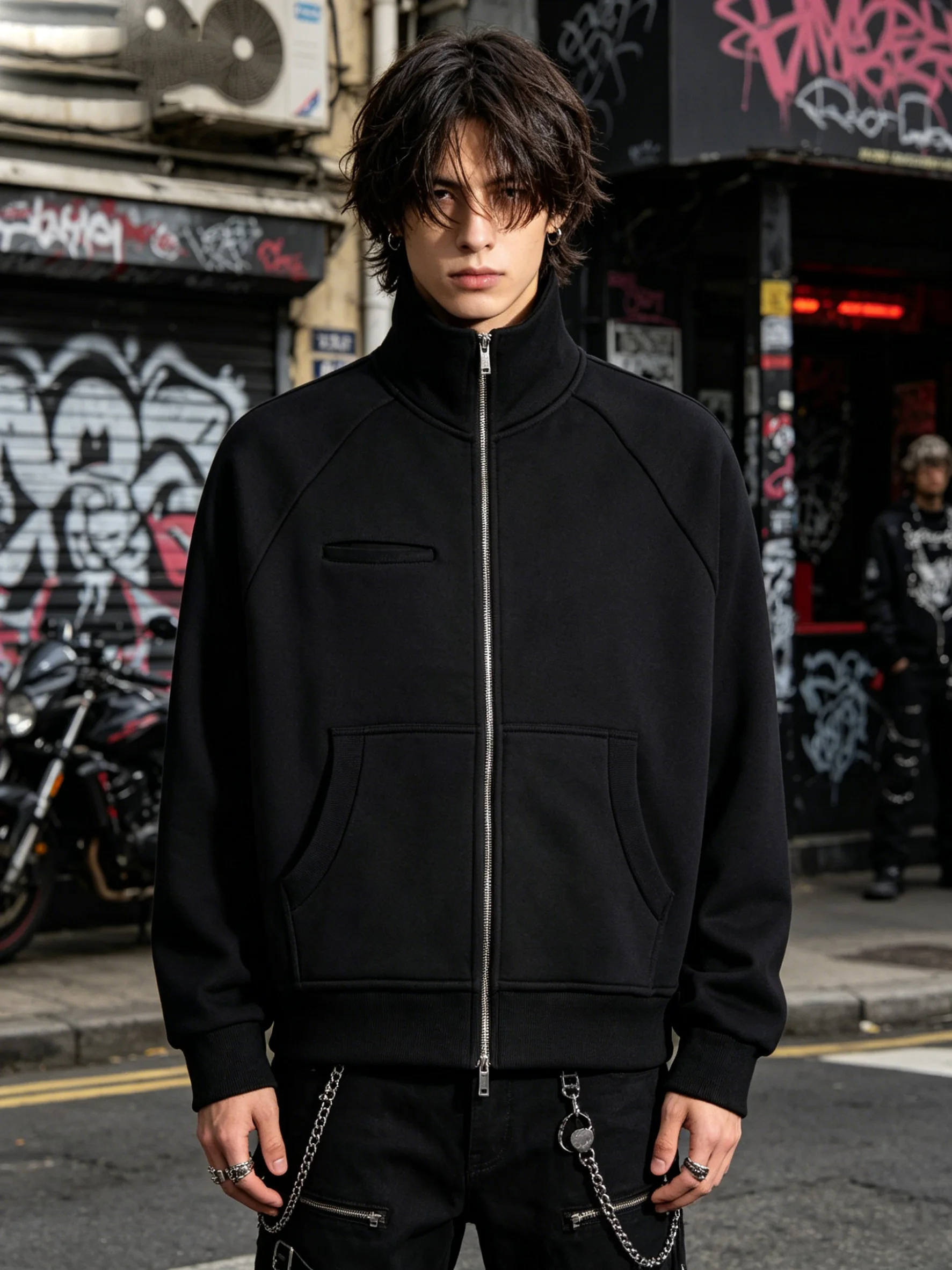 High street basic black stand up collar sweatshirt with double zippers, multiple pockets, raglan sleeves, loose and versatile ca
High street basic black stand up collar sweatshirt with double zippers, multiple pockets, raglan sleeves, loose and versatile ca