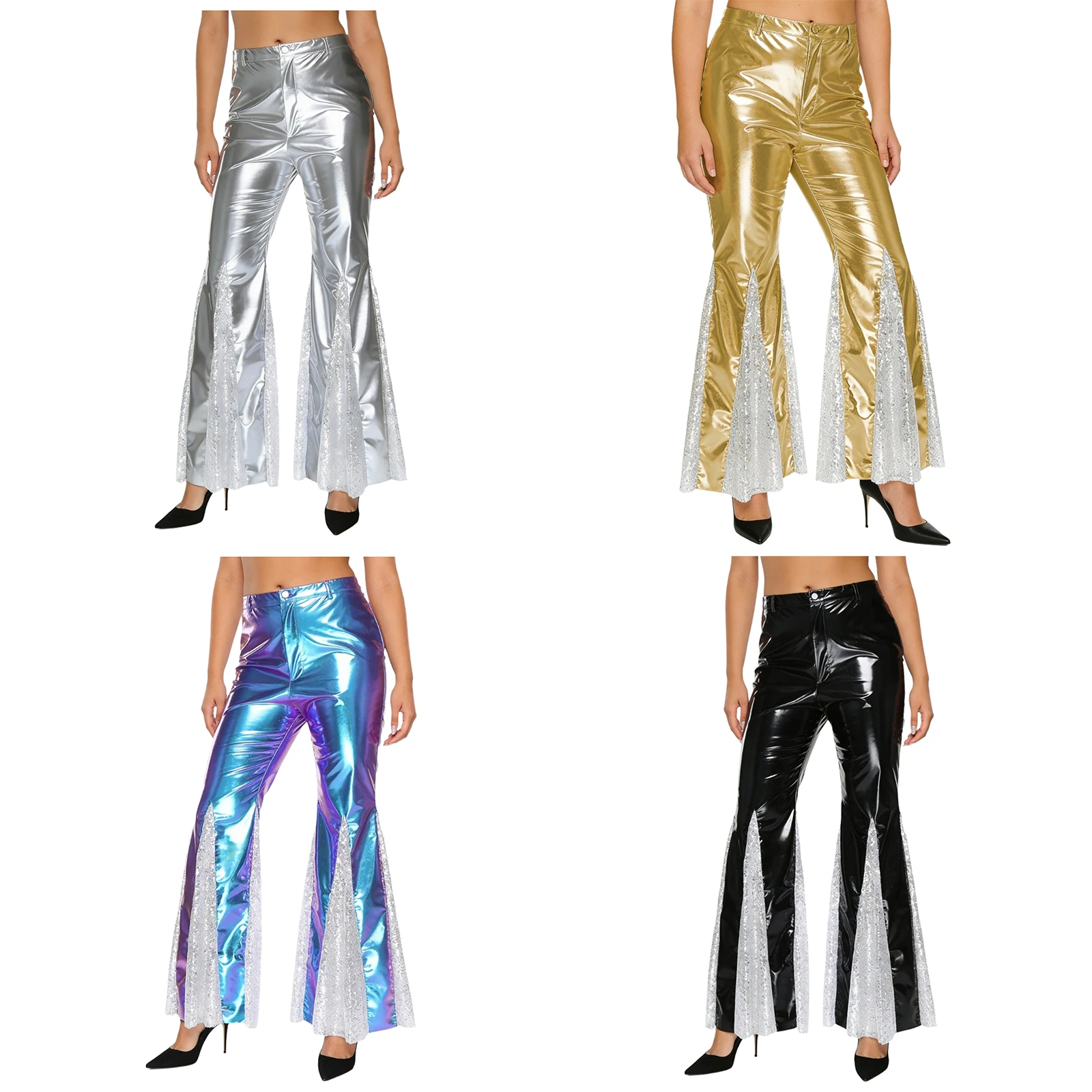 Women Metallic 70s Disco Pants Hippie Vintage Dance Party Nightclub Pants Sequins Bell Bottoms Stage Performance Flared Pants
Women Metallic 70s Disco Pants Hippie Vintage Dance Party Nightclub Pants Sequins Bell Bottoms Stage Performance Flared Pants
