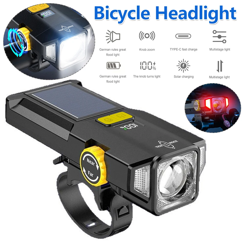 Solar Bike Front Light USB Rechargeable Cycling Safety Front Lamp Power Display High Brightness Bike Flashlight for Night Riding
Solar Bike Front Light USB Rechargeable Cycling Safety Front Lamp Power Display High Brightness Bike Flashlight for Night Riding