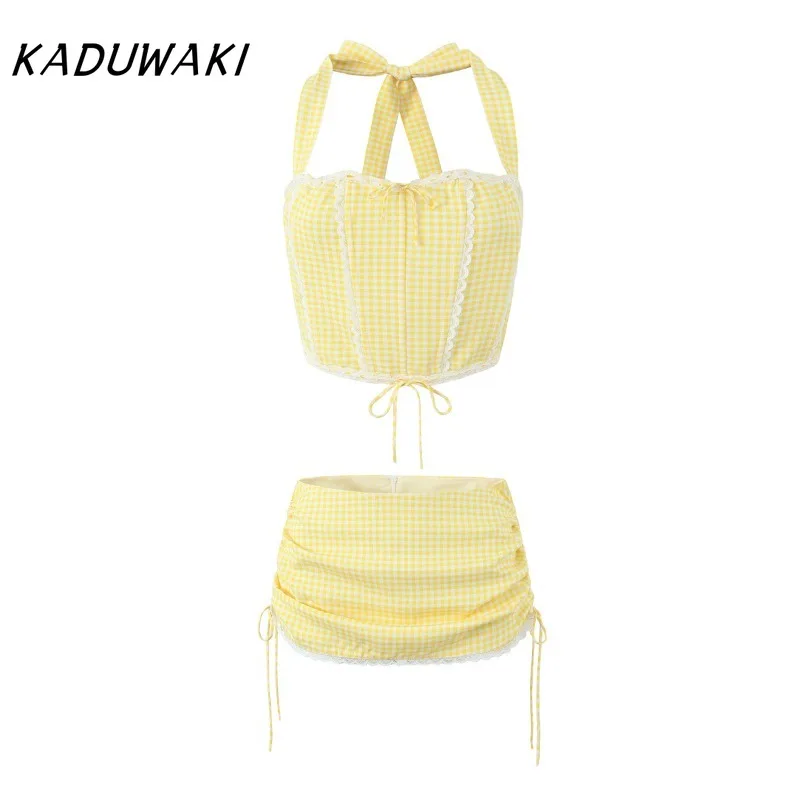 KADUWAKI Retro Y2K Yellow Plaid Lace Tie Bow Halter Cross Lacing Up Back Corset Top Low Waist Drawstring Mini Skirt 2 Piece Set
KADUWAKI Retro Y2K Yellow Plaid Lace Tie Bow Halter Cross Lacing Up Back Corset Top Low Waist Drawstring Mini Skirt 2 Piece Set