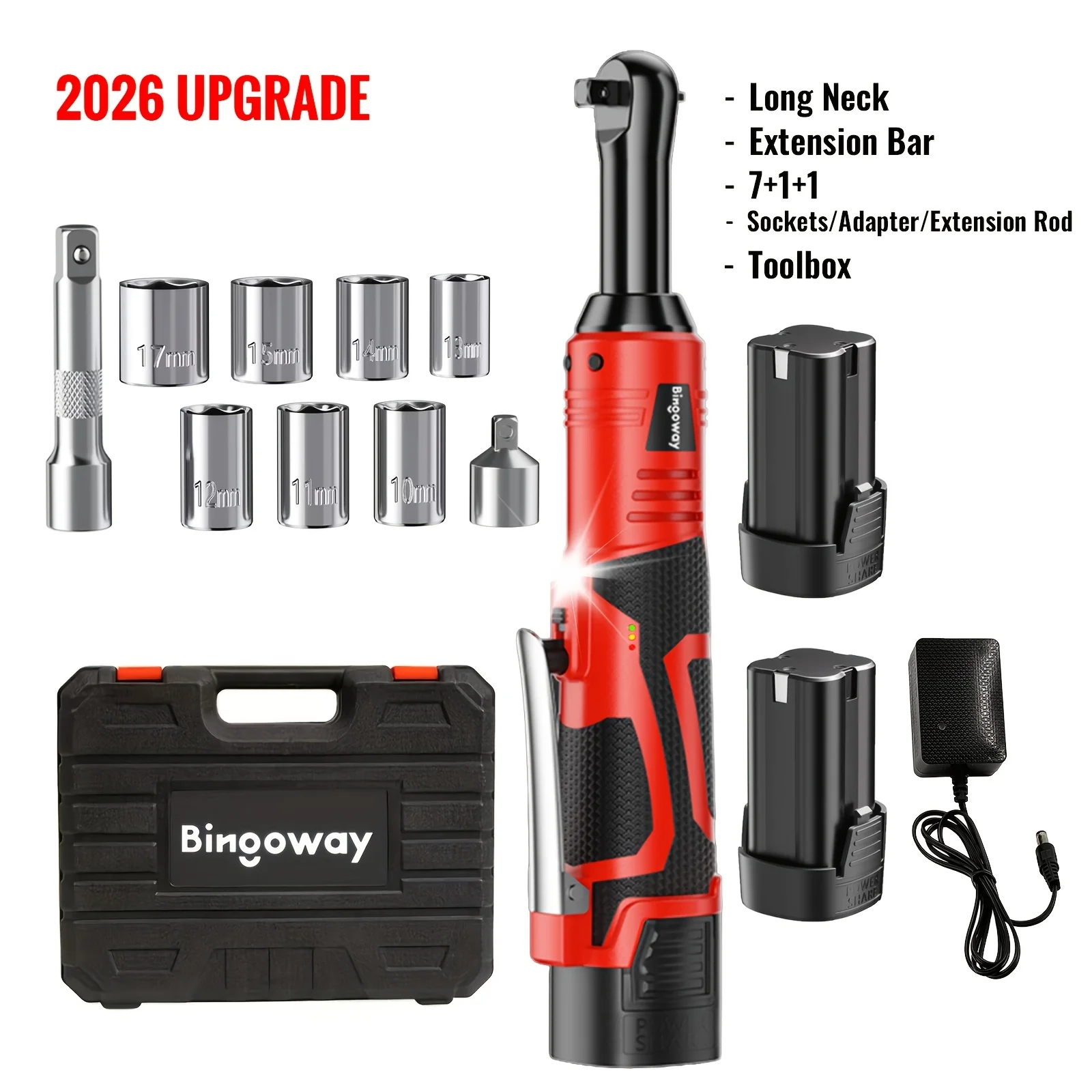 Bingoway Extended 3/8" Long Neck Cordless Electric Ratchet Wrench Set with 2 Packs 2000Mah Lithium-Ion Battery, 1 Charger, 8 Sockets And Toolbox, LED Light, Powerful Motor 45Ft-Lbs (61N.M), Best Gift for Your Family And Friends
Bingoway Extended 3/8" Long Neck Cordless Electric Ratchet Wrench Set with 2 Packs 2000Mah Lithium-Ion Battery, 1 Charger, 8 Sockets And Toolbox, LED Light, Powerful Motor 45Ft-Lbs (61N.M), Best Gift for Your Family And Friends