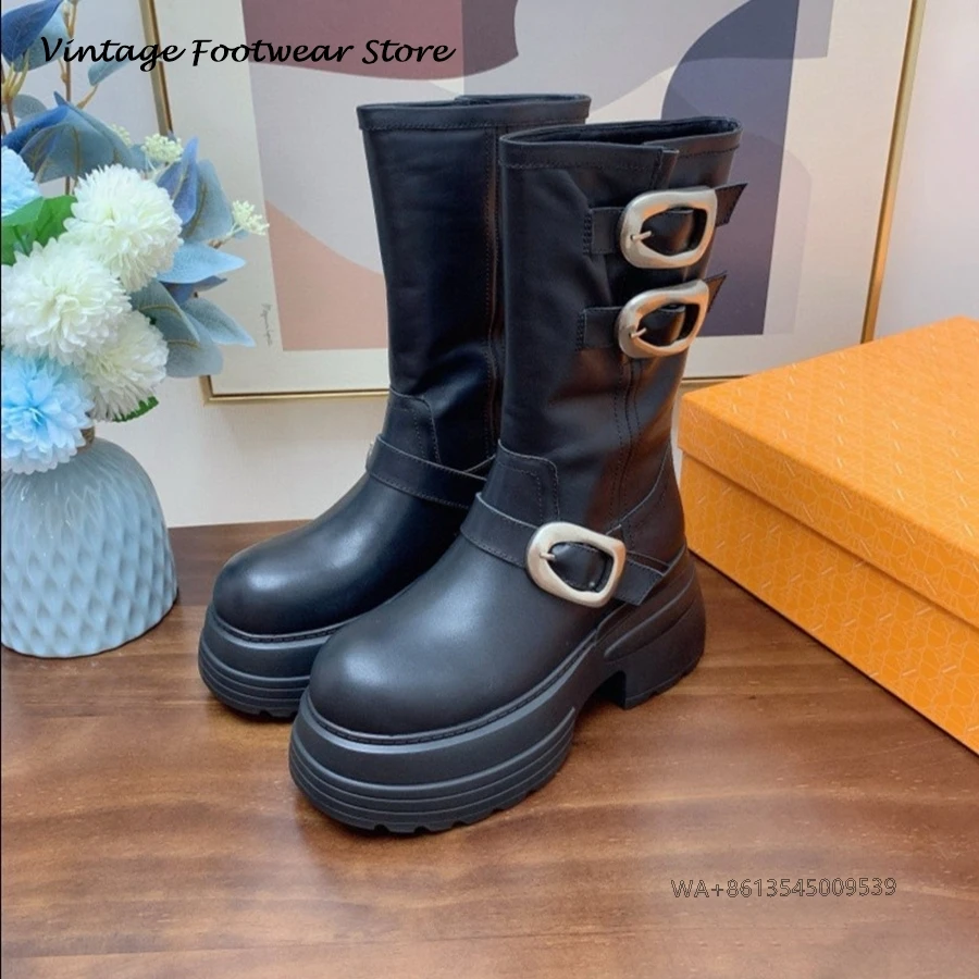 Vintage Women's Belt Buckle Leather High Boots Round Toe Height Increasing Square Heel Booties Fall Winter Chic Mid-calf Boots
Vintage Women's Belt Buckle Leather High Boots Round Toe Height Increasing Square Heel Booties Fall Winter Chic Mid-calf Boots
