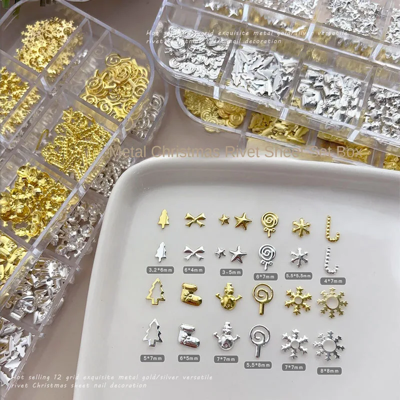 12 Compartment Christmas Nail Art Metal Charms Box Gold and Silver Irregular Snowflake Studs Nail Decoration Kit
12 Compartment Christmas Nail Art Metal Charms Box Gold and Silver Irregular Snowflake Studs Nail Decoration Kit