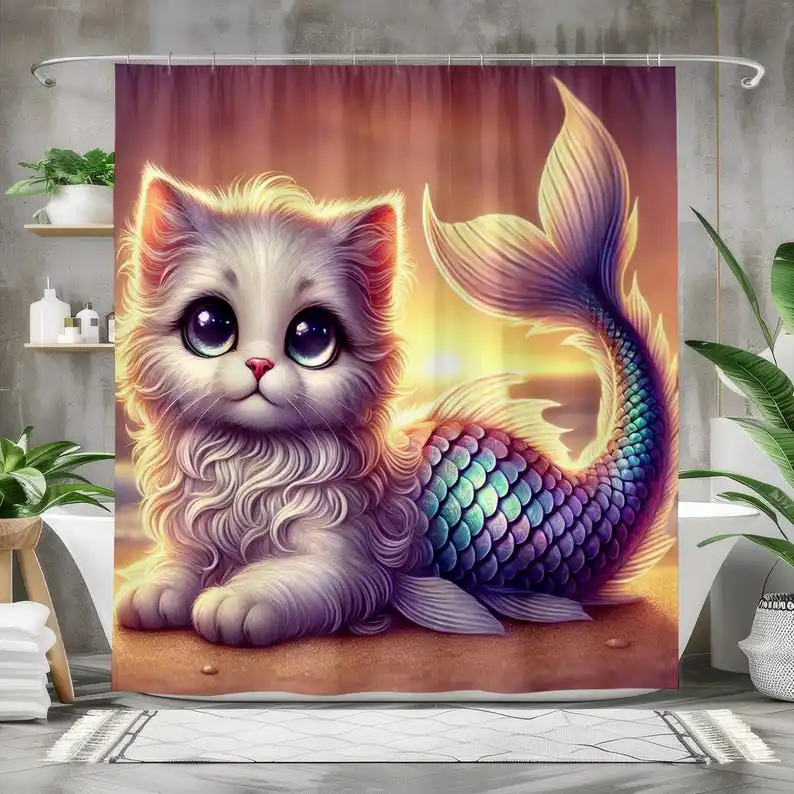 Adorable Mermaid Cat Shower Curtain, Waterproof Fabric Bath Curtain, Whimsical Bathroom Decor, Fantasy Cat with Mermaid Tail Art
Adorable Mermaid Cat Shower Curtain, Waterproof Fabric Bath Curtain, Whimsical Bathroom Decor, Fantasy Cat with Mermaid Tail Art