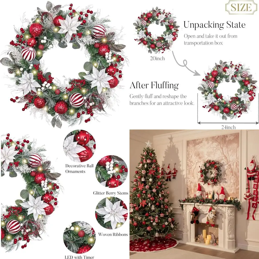 24 Inch Pre-Lit Christmas Wreath with Red & White Ornaments for Outdoor Holiday Decor
24 Inch Pre-Lit Christmas Wreath with Red & White Ornaments for Outdoor Holiday Decor
