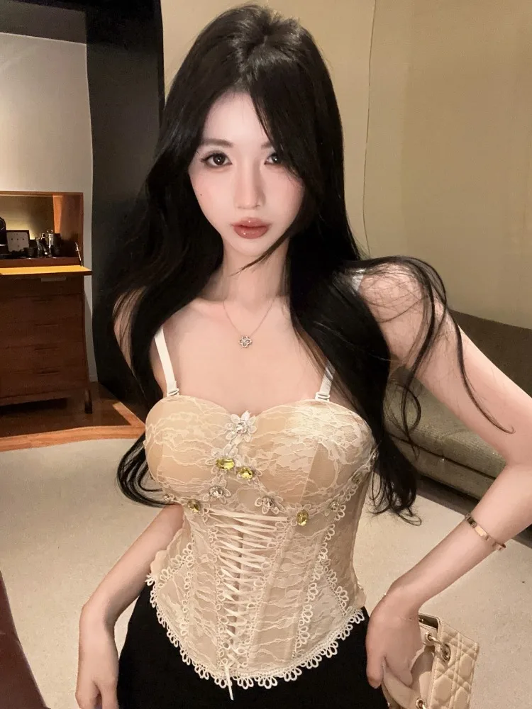 Sexy Sweet Heavy Embellished Diamond Lace Trim Strap Vest Women Summer Drawstring Tie Fishbone Waist Cinching Short Top
Sexy Sweet Heavy Embellished Diamond Lace Trim Strap Vest Women Summer Drawstring Tie Fishbone Waist Cinching Short Top