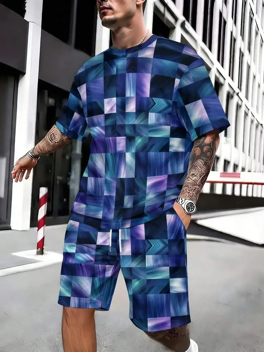 Mens Blue Purple Geometric Square Print Two-Piece Set: Short Sleeve Tee And Shorts For Summer Casual Wear
Mens Blue Purple Geometric Square Print Two-Piece Set: Short Sleeve Tee And Shorts For Summer Casual Wear