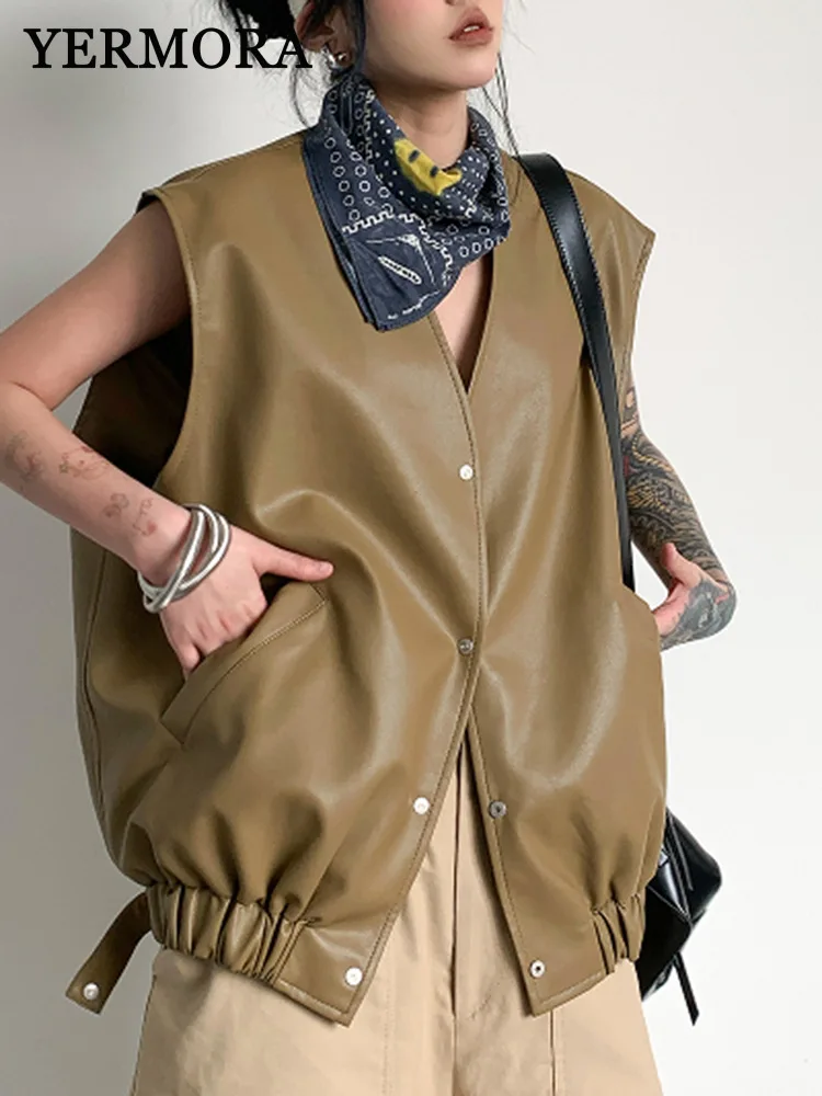 YERMORA Khaki Pu Leather Elastic Hem Buckle Pockets Casual Vest Coat For Women Loose New Fashion Tide Spring Summer 2025
YERMORA Khaki Pu Leather Elastic Hem Buckle Pockets Casual Vest Coat For Women Loose New Fashion Tide Spring Summer 2025