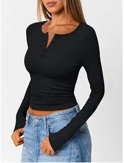 Women's Black Ribbed Fabric Henley Neck Long Sleeve Fitted Cropped Casual Daily Fashion T-shirt Top
Women's Black Ribbed Fabric Henley Neck Long Sleeve Fitted Cropped Casual Daily Fashion T-shirt Top