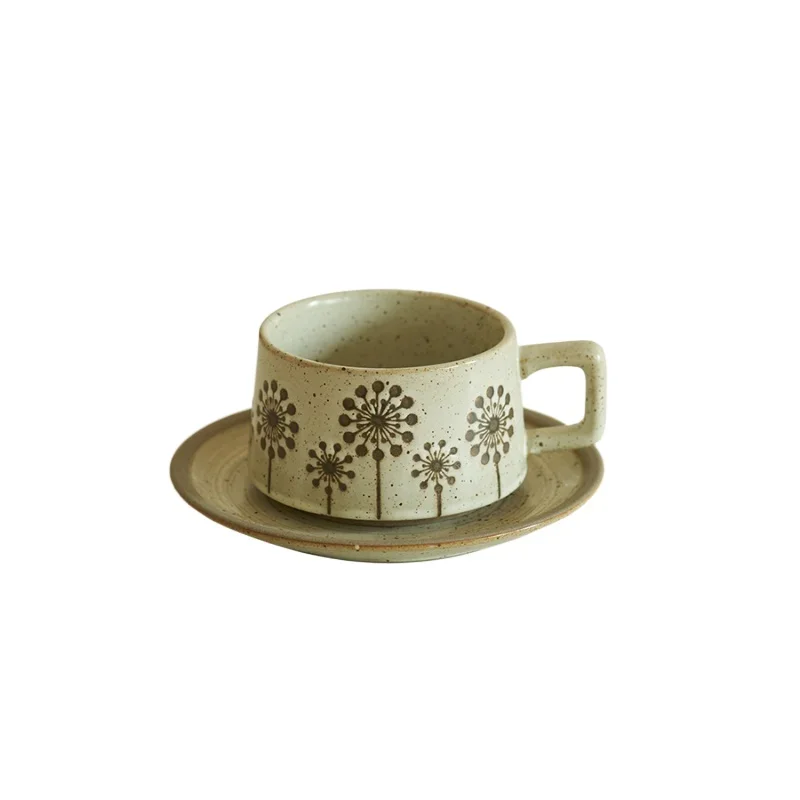 Japanese-style coarse pottery retro coffee cup and saucer set, household high-end exquisite mug creative latte latte flower cup.
Japanese-style coarse pottery retro coffee cup and saucer set, household high-end exquisite mug creative latte latte flower cup.