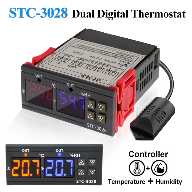 STC-3028 Dual Digital Thermostat Temperature Humidity Control AC 220V DC 12V 24V Thermometer Hygrometer Incubator Controller
STC-3028 Dual Digital Thermostat Temperature Humidity Control AC 220V DC 12V 24V Thermometer Hygrometer Incubator Controller
