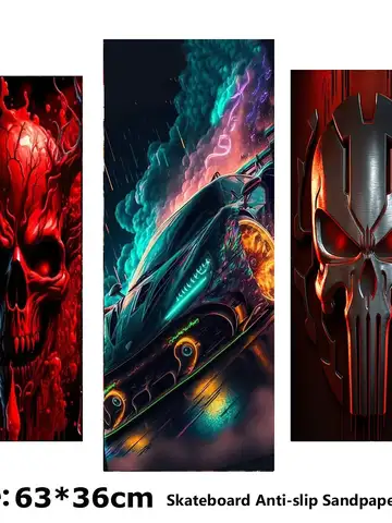 Red Skull Painted Sports Car Pattern Electric Scooter Anti-slip Sticker Sandpaper Skateboard Grip Tape Sheet 63*36cm