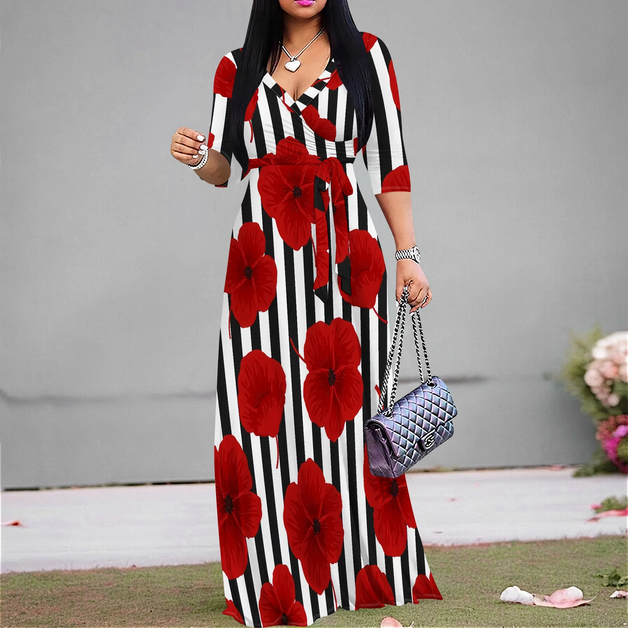 Bold Floral Stripe Maxi Dress S-3XL – 2025 Red Flower V-Neck Wrap Style for Summer Brunch & Party Fashion
Bold Floral Stripe Maxi Dress S-3XL – 2025 Red Flower V-Neck Wrap Style for Summer Brunch & Party Fashion