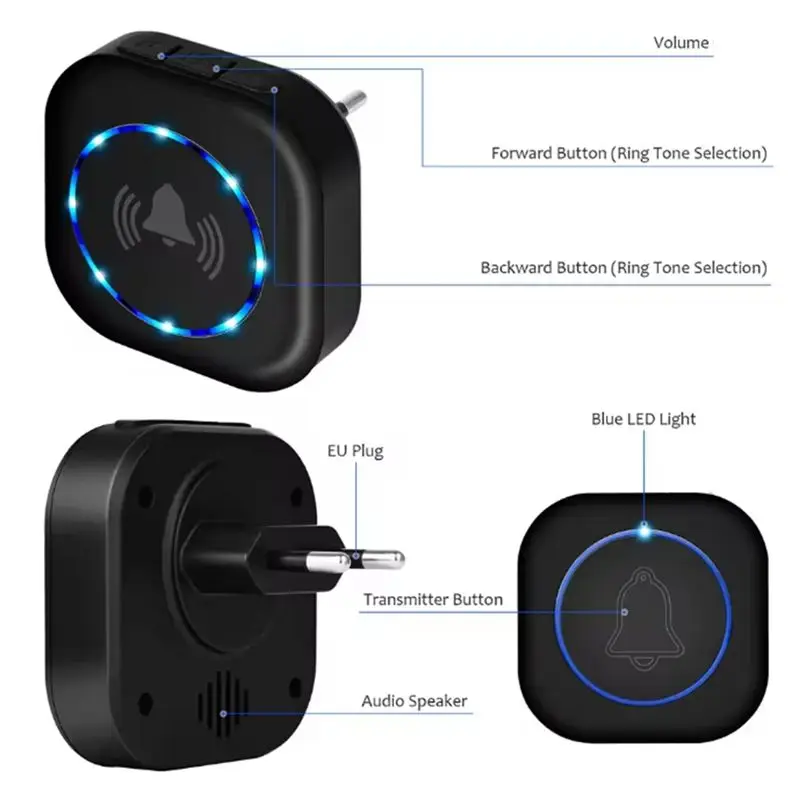 ELEG-Smart Wireless Doorbell 260M Remote Control Waterproof With 4 Volume Levels Through The Wall Home Welcome System
ELEG-Smart Wireless Doorbell 260M Remote Control Waterproof With 4 Volume Levels Through The Wall Home Welcome System