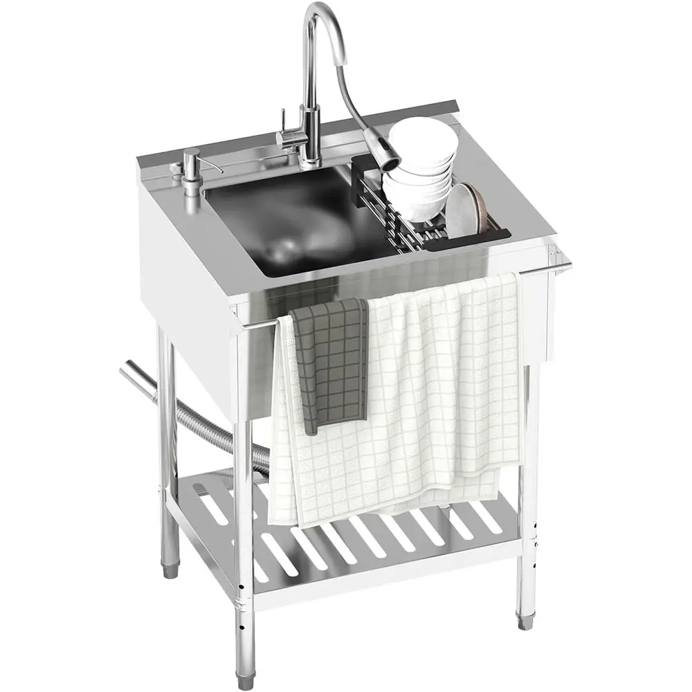 25.6'' Single Bowl Stainless Steel Utility Sink with Pull-Out Spray and Hot Water Pipe, Suitable for Indoor and Outdoor Use
25.6'' Single Bowl Stainless Steel Utility Sink with Pull-Out Spray and Hot Water Pipe, Suitable for Indoor and Outdoor Use
