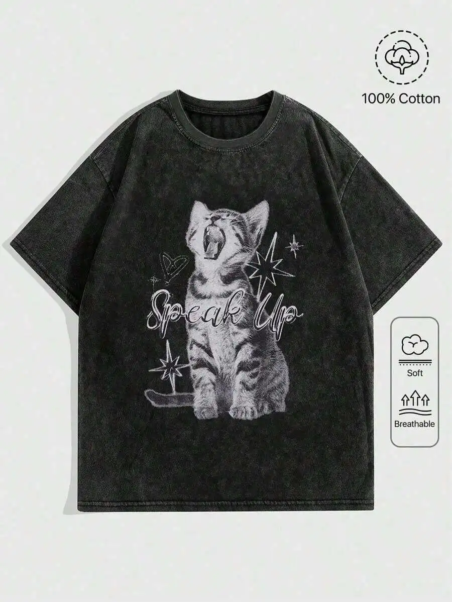 Grunge Punk Vintage Washed Loose T-Shirt With Cat Print Speak Up Design
Grunge Punk Vintage Washed Loose T-Shirt With Cat Print Speak Up Design