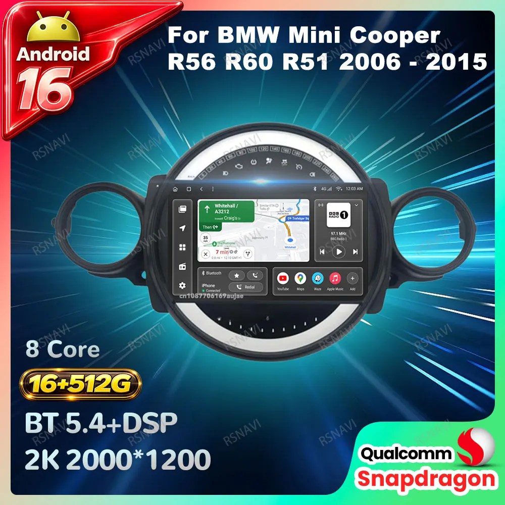 Car Radio Android 16 For BMW Mini Cooper R56 R60 R51 2006 - 2015 4G LTE Navigation GPS Qualcomm DSP Head Unit Multimedia DVD BT