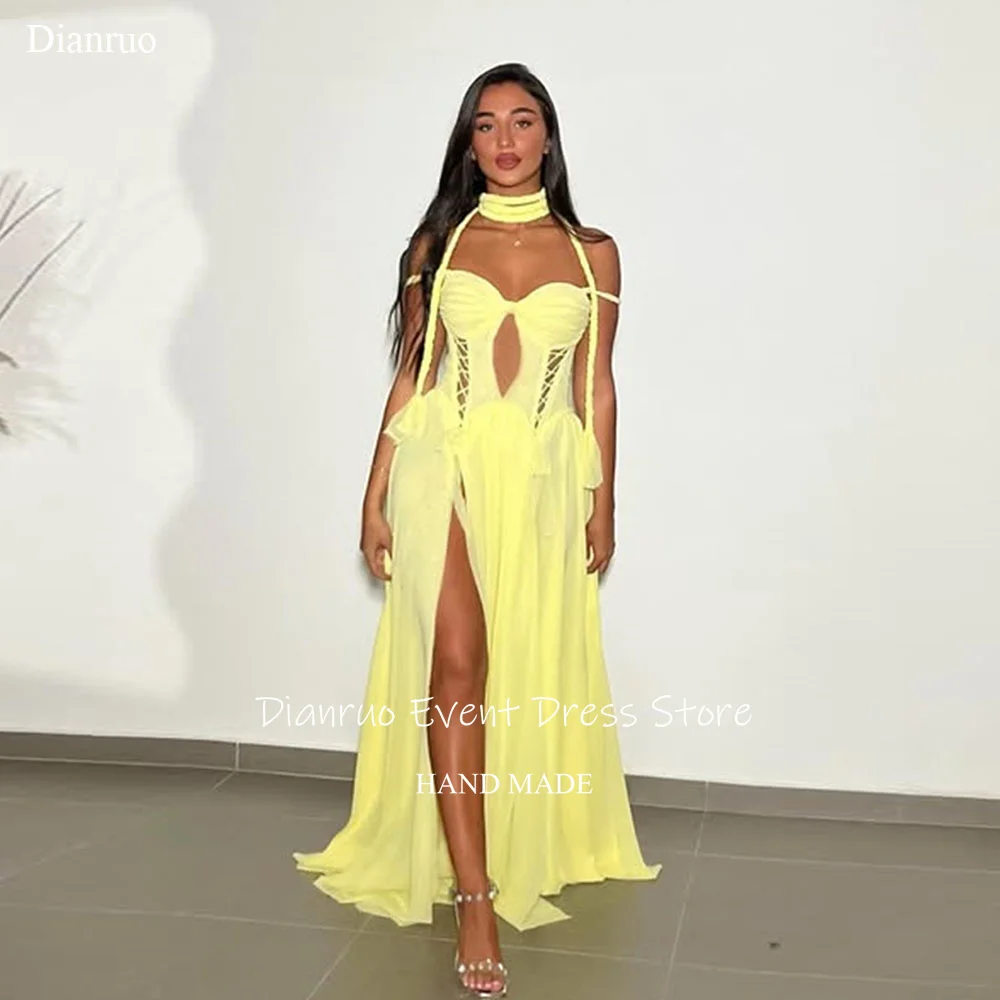 Dianruo Beautiful Chiffon Sweetheart Evening Dress Cut Out Beach Formal Party Gown Yellow High Slit Robes De Soirée Customized
Dianruo Beautiful Chiffon Sweetheart Evening Dress Cut Out Beach Formal Party Gown Yellow High Slit Robes De Soirée Customized