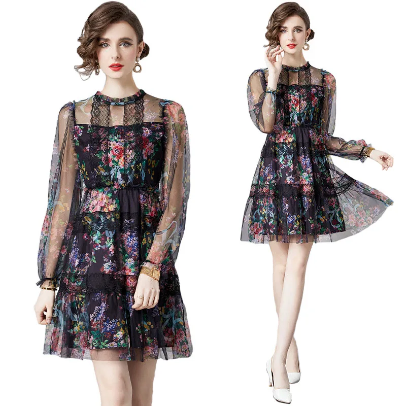 Summer Fairy Lace Trim Patchwork Flower Print Tulle Mesh Dress Women See Through Puff Long Sleeve Layer Cakes Party Vestidos
Summer Fairy Lace Trim Patchwork Flower Print Tulle Mesh Dress Women See Through Puff Long Sleeve Layer Cakes Party Vestidos