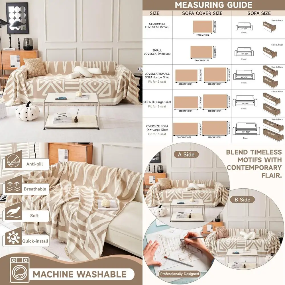 Thick Chenille Reversible Sofa Slipcover for 3-4 Cushion Couch in White Cream Khaki - Universal Fit Boho Style Couch Cover
Thick Chenille Reversible Sofa Slipcover for 3-4 Cushion Couch in White Cream Khaki - Universal Fit Boho Style Couch Cover