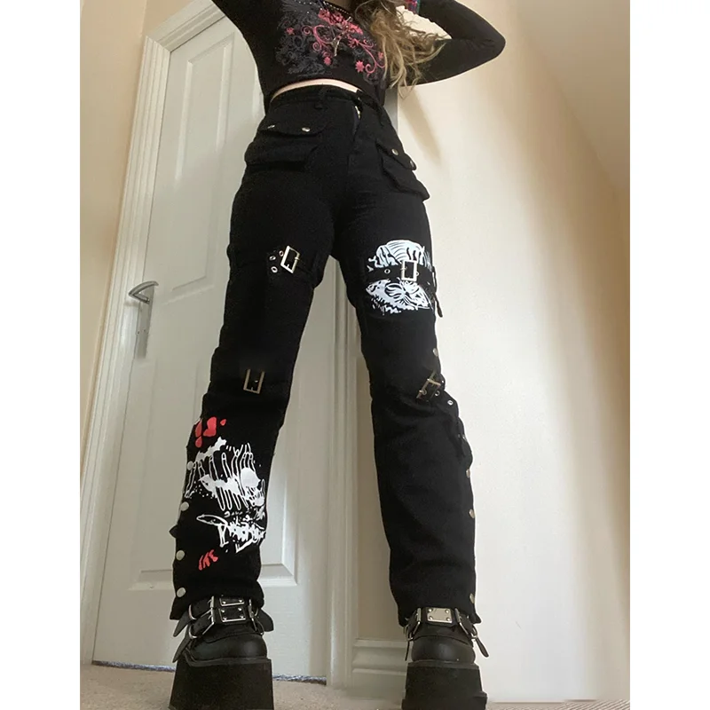 Jeans Ladies Loose Punk Style Design Print Metal Buckle Denim Black Denim Trousers High Waist Street Pants Street Fashion Cool
Jeans Ladies Loose Punk Style Design Print Metal Buckle Denim Black Denim Trousers High Waist Street Pants Street Fashion Cool