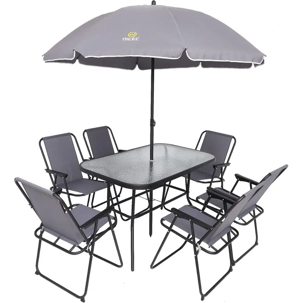 8-Piece Outdoor Patio Dining Set with Glass Table, Umbrella, and 6 Grey Chairs
8-Piece Outdoor Patio Dining Set with Glass Table, Umbrella, and 6 Grey Chairs