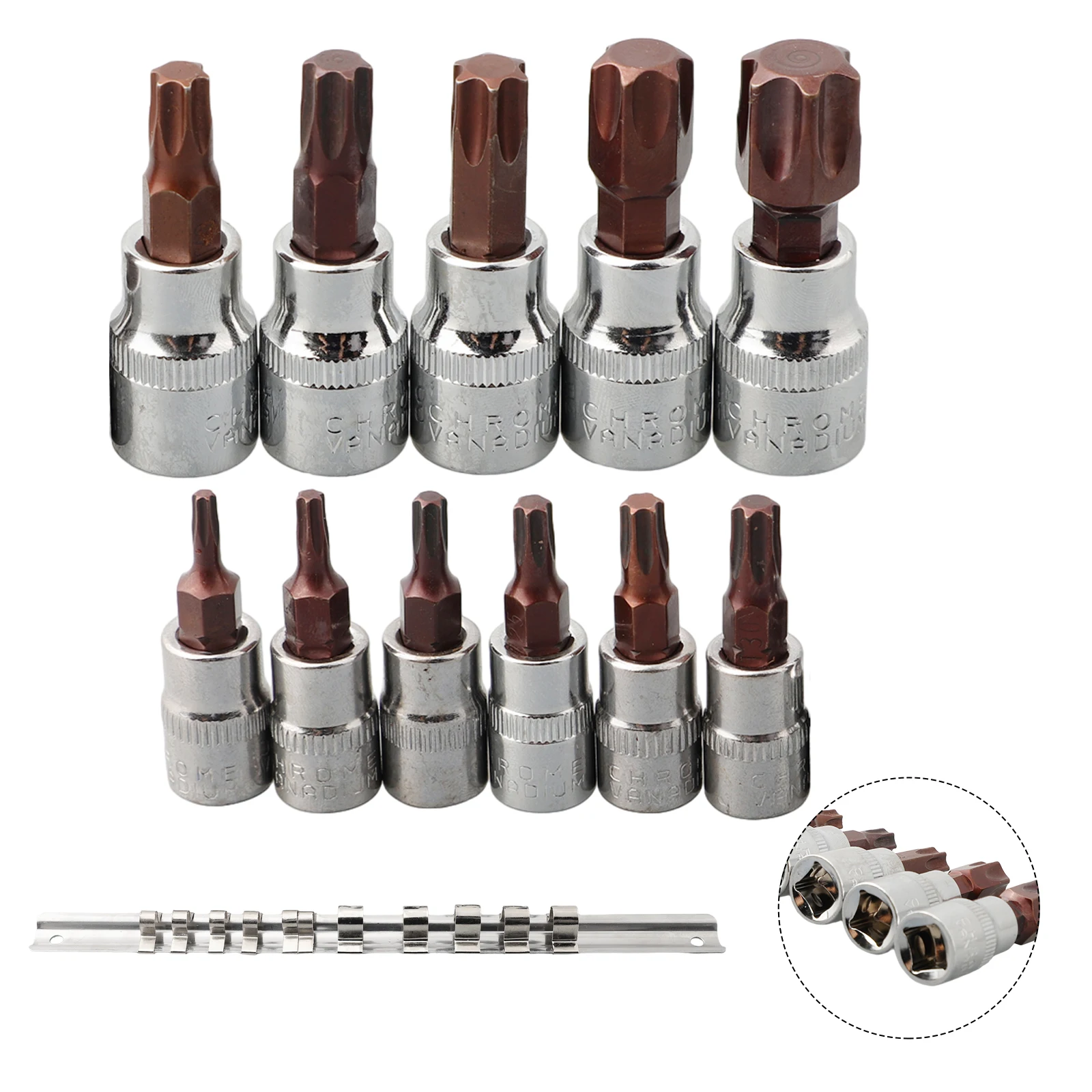 3/8 1/4inch Socket Bits T10-T60 Torx Bit Set 11pcs/set Chrome Vanadium Steel Electric Screwdriver Hand Tool Durable
3/8 1/4inch Socket Bits T10-T60 Torx Bit Set 11pcs/set Chrome Vanadium Steel Electric Screwdriver Hand Tool Durable