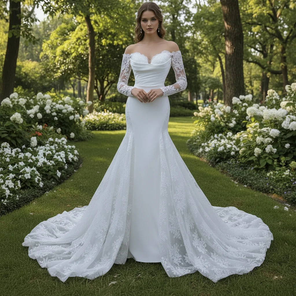 Rosymae High-End Satin Lace Wedding Dress Off-Shoulder Long Sleeve Elegant Bridal Gown amanda novias
Rosymae High-End Satin Lace Wedding Dress Off-Shoulder Long Sleeve Elegant Bridal Gown amanda novias