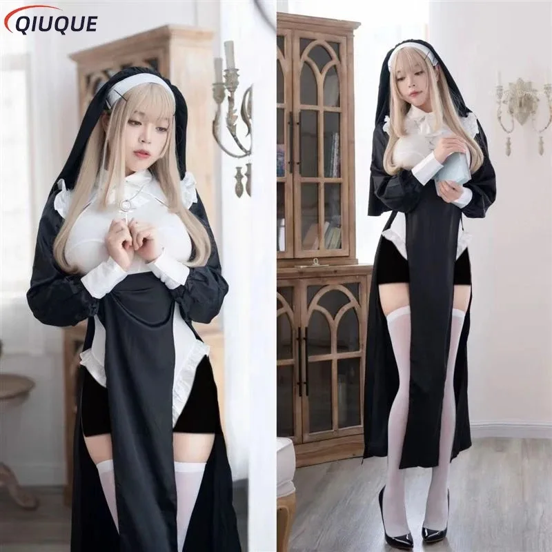 Nun Cosplay Costume Wig Women Fancy Dress Halloween Party Roleplay Outfit Adult Black Uniforms
Nun Cosplay Costume Wig Women Fancy Dress Halloween Party Roleplay Outfit Adult Black Uniforms