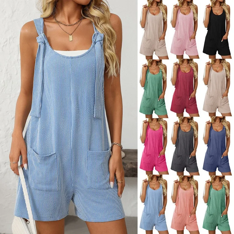 2025 Summer Solid Ribbed Loose Casual Rompers Women Square Neck Pocket Backless Sleeveless Fashion Versatile Street Playsuits
2025 Summer Solid Ribbed Loose Casual Rompers Women Square Neck Pocket Backless Sleeveless Fashion Versatile Street Playsuits