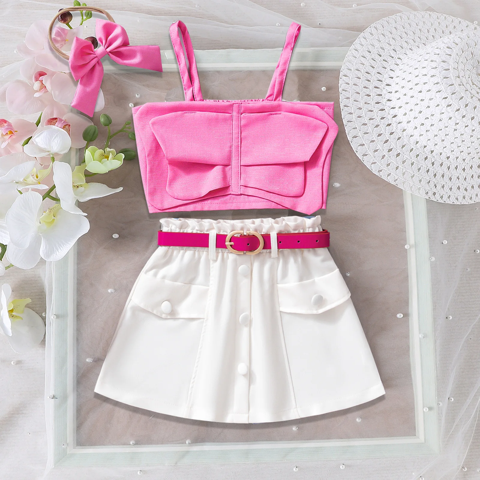 Rose suspenders + skirts + belts + headwear sets in children's European and American INS summer new products
Rose suspenders + skirts + belts + headwear sets in children's European and American INS summer new products
