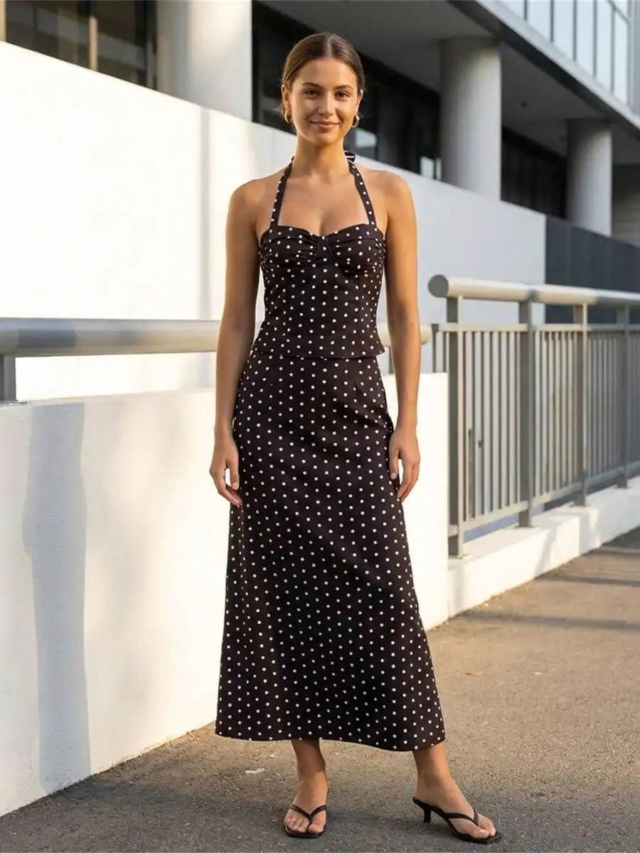 Women Polka Dot Halter Neck Tank Top And Maxi Skirt 2 Piece Set
Women Polka Dot Halter Neck Tank Top And Maxi Skirt 2 Piece Set
