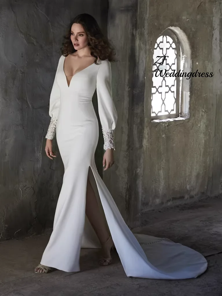 Customized wedding dress: French satin long-sleeved high side-opening A dress, simple ball evening dress
Customized wedding dress: French satin long-sleeved high side-opening A dress, simple ball evening dress