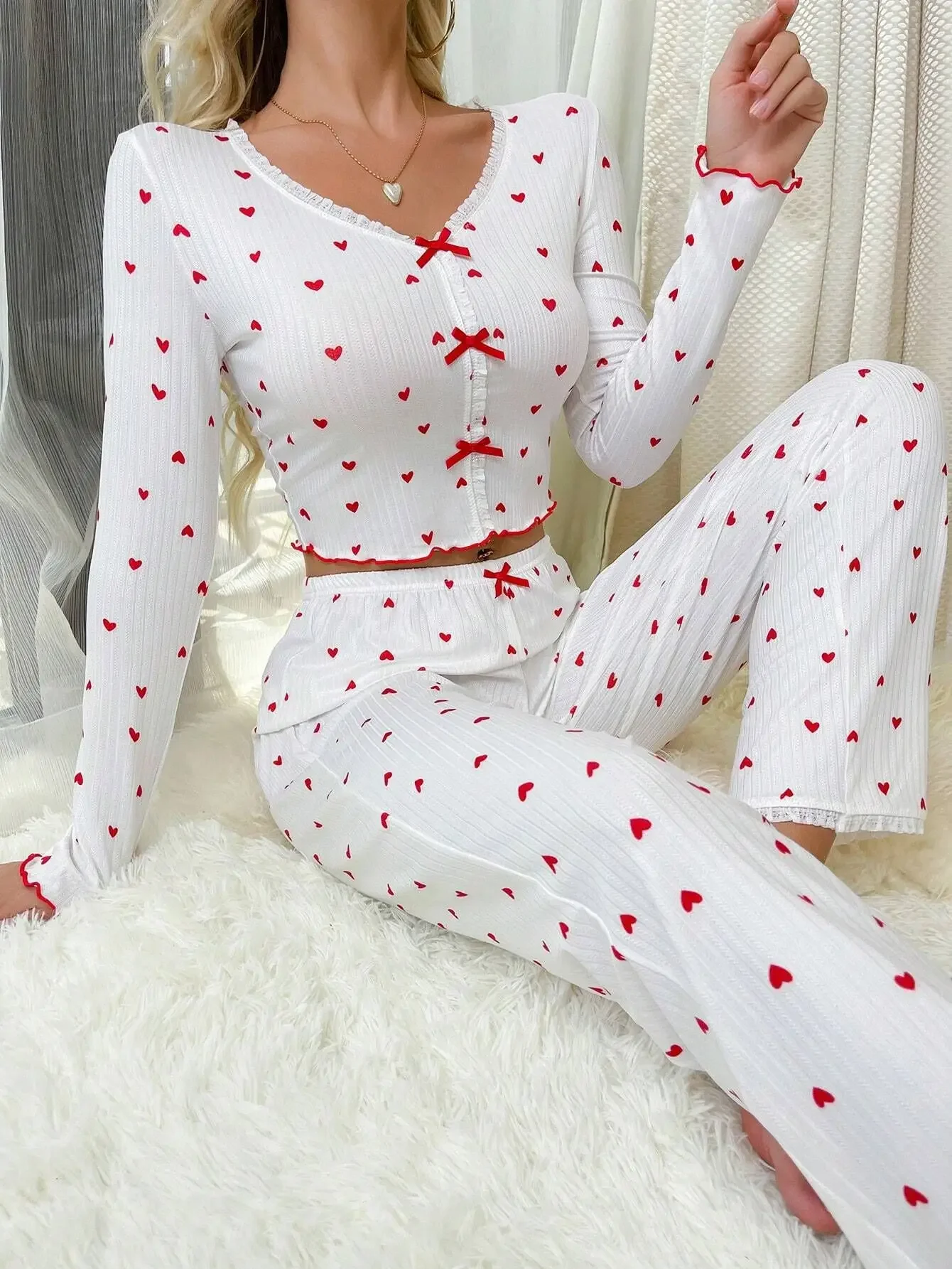 Heart Print Ribbed Frill Trim Pajama Set for Women Sleepwear Knitted V-Neck Loose Tops Elastic Long Pants Sets Homewear
Heart Print Ribbed Frill Trim Pajama Set for Women Sleepwear Knitted V-Neck Loose Tops Elastic Long Pants Sets Homewear