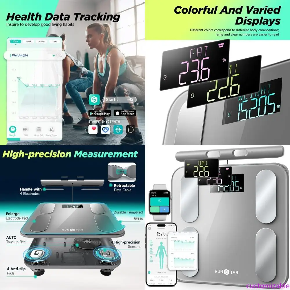Цифровые весы для ванной комнаты RunStar с 8-электродной технологией для комплексных измерений тела, включая вес, жир и BMI 
Цифровые весы для ванной комнаты RunStar с 8-электродной технологией для комплексных измерений тела, включая вес, жир и BMI