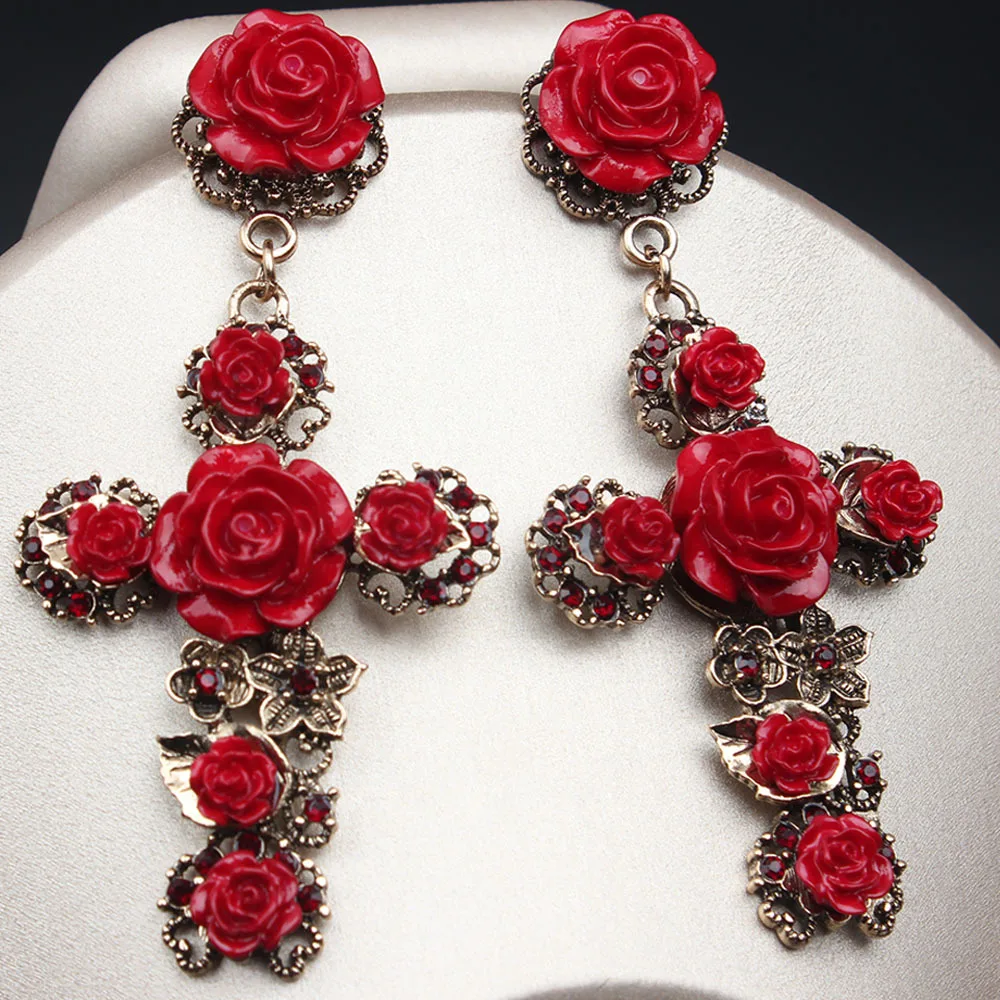 DIY accessories European and American long cross earrings, exaggerated temperament earrings, retro baroque style red flowers, Ja
DIY accessories European and American long cross earrings, exaggerated temperament earrings, retro baroque style red flowers, Ja