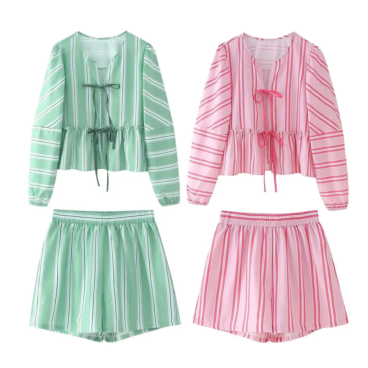 Women's new fashion set woman 2 pieces loose O Neck casual striped shirt retro long sleeved lace up women+Shorts Women's suit
Women's new fashion set woman 2 pieces loose O Neck casual striped shirt retro long sleeved lace up women+Shorts Women's suit