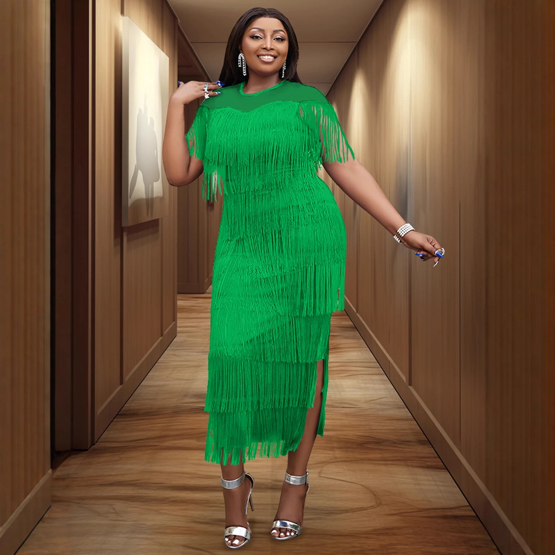 Curvy Bright Green Multi Tier Tassel Dress Ladies Sheer Yoke Short Sleeve Side Slit Church Wedding Cocktail Outfit
Curvy Bright Green Multi Tier Tassel Dress Ladies Sheer Yoke Short Sleeve Side Slit Church Wedding Cocktail Outfit