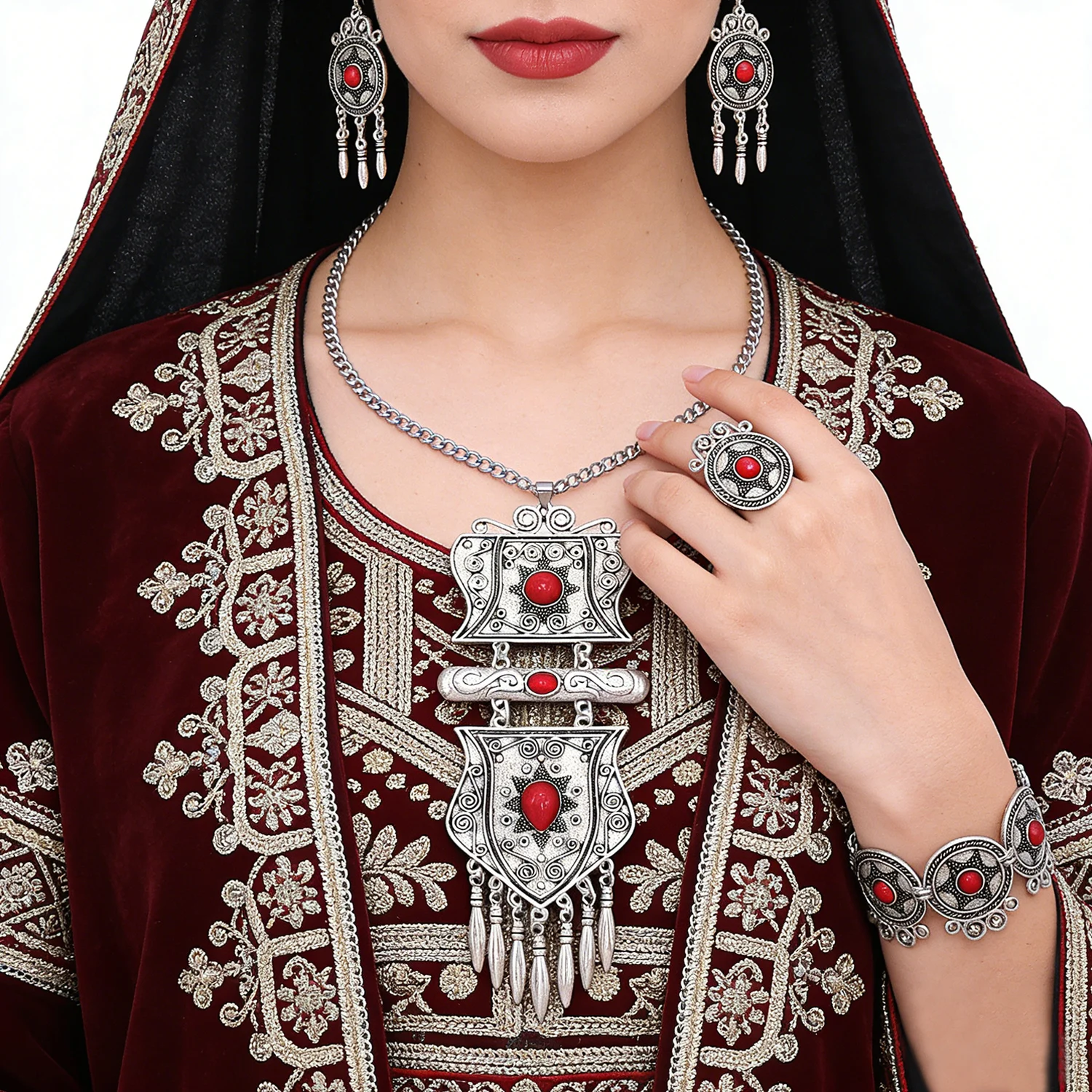 Vintage Silver Long Tassel Necklace Bracelet Rings Earrings Set For Kurdish Indian Turkey Ethnic Style Turquoise Beads Jewelry
Vintage Silver Long Tassel Necklace Bracelet Rings Earrings Set For Kurdish Indian Turkey Ethnic Style Turquoise Beads Jewelry