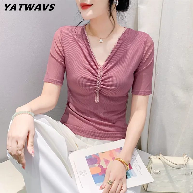 Elegant Summer Sexy V-Neck Stylish Beading T-shirt Top New Female Commute Casual Clothing Short Sleeve Tassel Tees Slim Blouse
Elegant Summer Sexy V-Neck Stylish Beading T-shirt Top New Female Commute Casual Clothing Short Sleeve Tassel Tees Slim Blouse