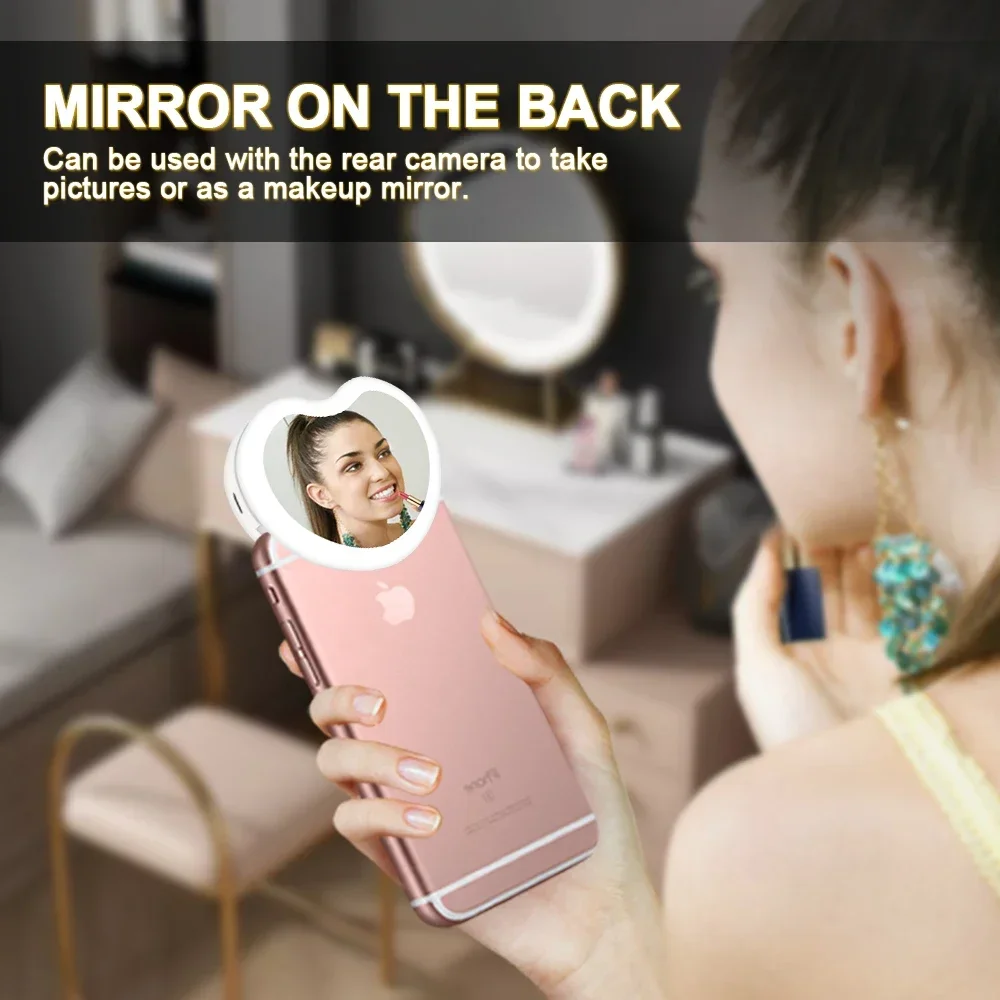 Heart Shaped LED Selfie Ring Lamp with Mini Makeup Mirror Dimmable USB Rechargeable Portable Mobile Phone Holder Clip Lens Light
Heart Shaped LED Selfie Ring Lamp with Mini Makeup Mirror Dimmable USB Rechargeable Portable Mobile Phone Holder Clip Lens Light