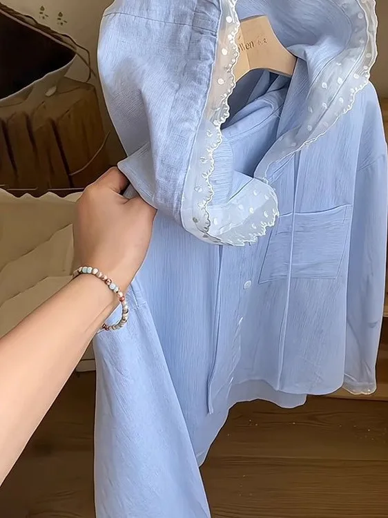 Spring New Korean Sle Agel Design Blue Lace Patchwork Hooded irt Lazy Faion Commute Long Sve Pure Color Women's S...
Spring New Korean Sle Agel Design Blue Lace Patchwork Hooded irt Lazy Faion Commute Long Sve Pure Color Women's S...