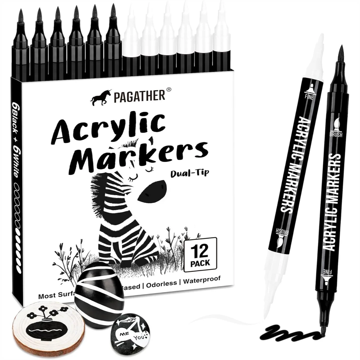 Black and White Acrylic Paint Markers, 12 Pack Dual Tip Fine and Brush Pens for Rock Painting, Canvas, Wood, Glass, Ceramic, DIY
Black and White Acrylic Paint Markers, 12 Pack Dual Tip Fine and Brush Pens for Rock Painting, Canvas, Wood, Glass, Ceramic, DIY